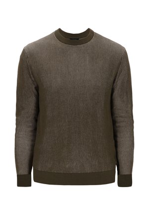Maglione ribbed verde oliva da uomo con collo rotondo e maniche lunghe, caratterizzato da un motivo a strisce testurizzato.