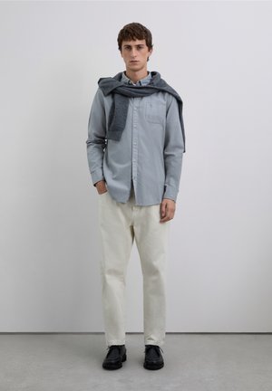 Lichtblauw overhemd met knopen, gecombineerd met beige broek en zwarte schoenen. Een donkergrijze trui hangt over de schouders. Eenvoudig ontwerp, strakke lijnen.