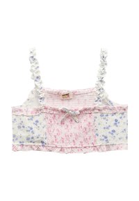 Top corto con estampado floral que presenta parches rosas y azules, diseño fruncido, tirantes con volantes y un detalle de lazo en la parte delantera. Material de algodón.
