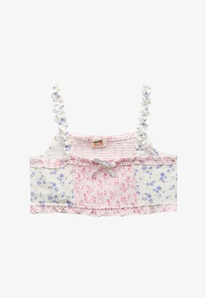 Blomstermønstret crop top med lyserøde og blå pletter, smock-design, voluminøse stropper og en frontsløjfe. Lavet af bomuldsstof.