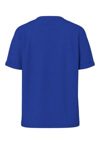 T-shirt bleu uni à manches courtes avec poignets pliés et col rond, vu de dos sur fond blanc.