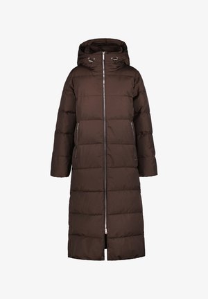 Brauner gepolsterter langer Mantel mit Kapuze, Reißverschluss und zwei Seitentaschen. Verfügt über ein horizontales Steppmuster und eine weiche Textur.
