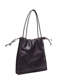 Borsa tote in pelle viola con chiusura a coulisse, texture liscia e logo inciso. Dotata di due spallacci.