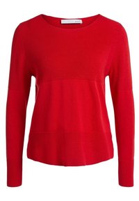 Roter Pullover mit langen Ärmeln, der über eine gerippte Textur und einen lockeren Schnitt verfügt. Das Design hat kontrastierende Einsätze im oberen und unteren Bereich.