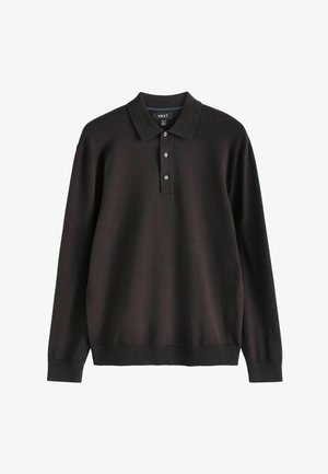 Polo shirt à manches longues marron foncé en tissu doux, avec un col standard, une patte de boutonnage à trois boutons et des poignets et un ourlet côtelés.