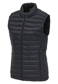 Zwarte doorgestikte mouwloze bodywarmer met opstaande kraag en ritssluiting aan de voorkant, met ritssluitingen in de zijzakken.