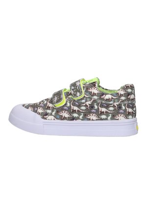Kindersneaker met lage schacht, grijze dinosaurusprint, twee klittenbandsluitingen met neon groene bies en witte rubberen zool en neuskap.