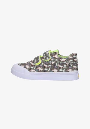 Chaussure basse pour enfant avec imprimé dinosaure gris, deux brides Velcro avec bordure vert néon, et semelle ainsi que embout en caoutchouc blanc.