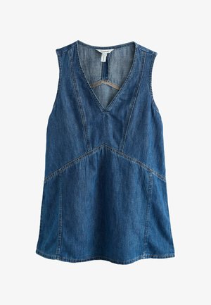 Varrukateta sinine teksakleit V-kaelusega, krobelise vöökohaga ja nähtavate õmblustega ees ja taga.