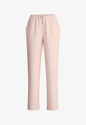 Light pink pajama pants featuring a checkered pattern, made from soft fabric, with an elastic waistband and side pockets for convenience.