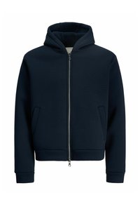 Marinblå zip-up hoodie med huva, sidofickor, ribbade manschetter och en mjuk innerfoder. Tillverkad av ett mjukt, stretchigt material.