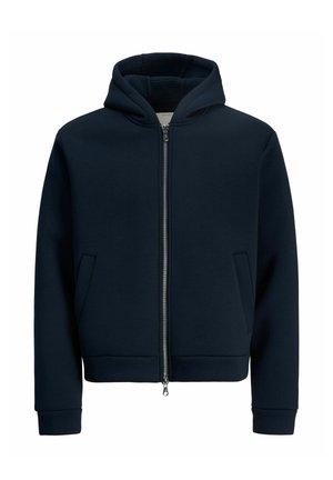 Námornícky modrá mikina na zips s kapucňou, bočnými vreckami, rebrovanými manžetami a mäkkou vnútornou podšívkou. Vyrobená z hladkého, elastického materiálu.