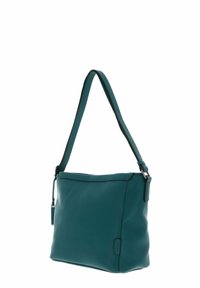 Sac à main en cuir bleu sarcelle avec une forme plate, une sangle unique réglable et des coutures contrastantes noires. Comprend une petite étiquette logo sur le côté.