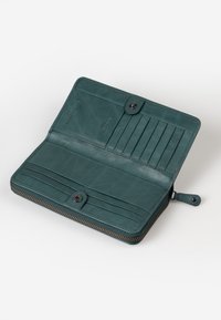 Teal leather wallet with a zipper closure, interior card slots, and a snap button. Smooth texture and clean design.