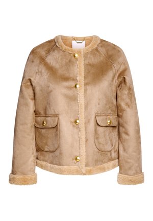 Tan faux fur jacket with a round neckline, gold button closures, two front pockets, and tan faux fur trim on cuffs and hem.