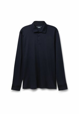 Marineblaues Langarm-Polohemd aus Baumwolle mit Kragen, einer Drei-Knopf-Leiste und langen Ärmeln mit Bündchen, glatter Textur und minimalistischem Design.