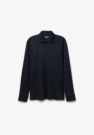 Granatowa koszulka polo z długim rękawem, wykonana z bawełny, z kołnierzykiem, zapięciem na trzy guziki oraz długimi rękawami z mankietami. Gładka faktura i minimalistyczny design.