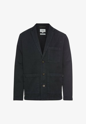 Dark navy canvas blazer with a notch lapel, three buttons, two front pockets, and one chest pocket; smooth texture and casual design.