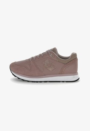Light pink athletic shoe with a suede upper, mesh accents, white midsole, and black rubber outsole. Features a glittery logo on the side.