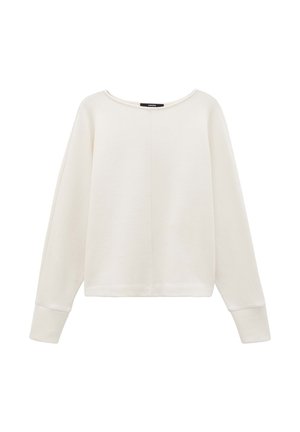 White long-sleeve sweatshirt with a wide rounded neckline, drop shoulders, and ribbed cuffs. Fabric appears soft with a smooth texture.