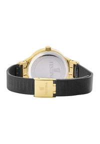 Auksinės spalvos laikrodis su nerūdijančio plieno korpusu ir juodu tinkleliu. Turinti apvalią ciferblatą ir sagties užsegimą su įspaustomis logotipo detalėmis.