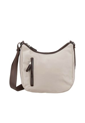 Beige Nylon-Schultertasche mit geschwungenem Design, braunen Akzenten, Hauptreißverschluss und einer kleinen Fronttasche mit Reißverschluss.