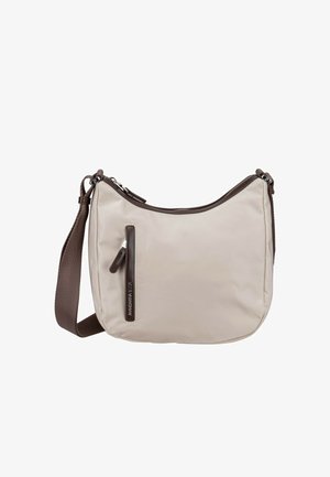 Sac à bandoulière en nylon beige avec un design incurvé, des accents marron, une fermeture principale zippée et une petite poche avant zippée.