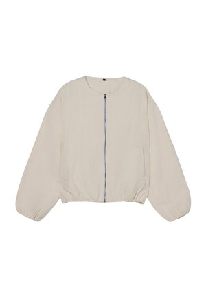 Beżowa kurtka z długim rękawem, z elastycznymi mankietami i dołem, zamkiem błyskawicznym z przodu i okrągłym dekoltem, prezentowana na białym tle.