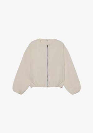 Beige jakke med lange ærmer med elastiske manchetter og kant, frontlynlås og rund halsudskæring, vist på en hvid baggrund.