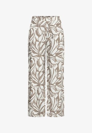 Platiomis kojomis kelnės su smėlio ir baltos spalvos abstrakčiu gėlių raštu, elastinga juosmens juosta ir šoninėmis kišenėmis.
