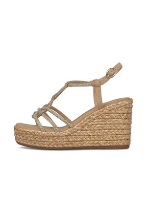 Sandalia de cuña beige con plataforma de yute trenzado, tiras adornadas con cristales y cierre de hebilla ajustable en el tobillo.