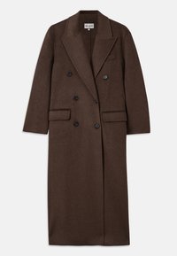 Barna, hosszú, gyapjú keverékből készült kabát, dupla gombolással, fekete gombokkal, nagy hajtókákkal és két elülső zsebbel.