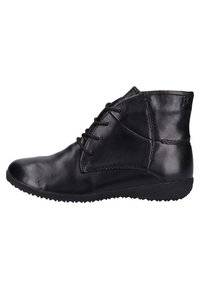 Schwarze Lederstiefeletten mit glatter Textur, runder Zehenform und einer flachen Gummisohle. Sie verfügen über minimale Nähte und drei Ösen für die Schnürsenkel.