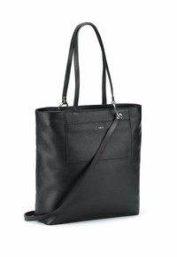 Borsa tote in pelle nera con finitura testurizzata, manici lunghi, tasca esterna e tracolla removibile. Dettagli in metallo argentato.