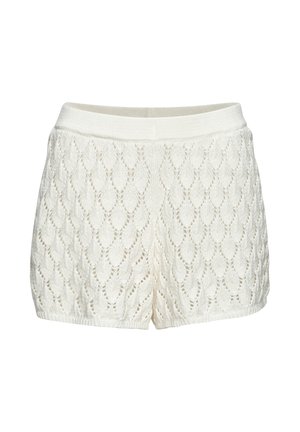 White knitted shorts with openwork diamond pattern and elastic waistband shown on a white background.