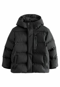 Veste d'hiver noire rembourrée avec capuche, boutons-pression à l'avant, poches latérales et poche poitrine zippée verticale.