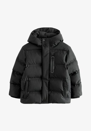 Veste d'hiver noire rembourrée avec capuche, boutons-pression à l'avant, poches latérales et poche poitrine zippée verticale.
