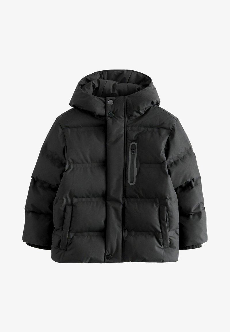 Black padded winter jacket with hood, front snap buttons, side pockets, and vertical zippered chest pocket.