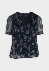 Blouse florale marine en chiffon léger avec un décolleté en V, des manches courtes, un devant à boutons et un ourlet en peplum. Présente des motifs de fleurs délicates.