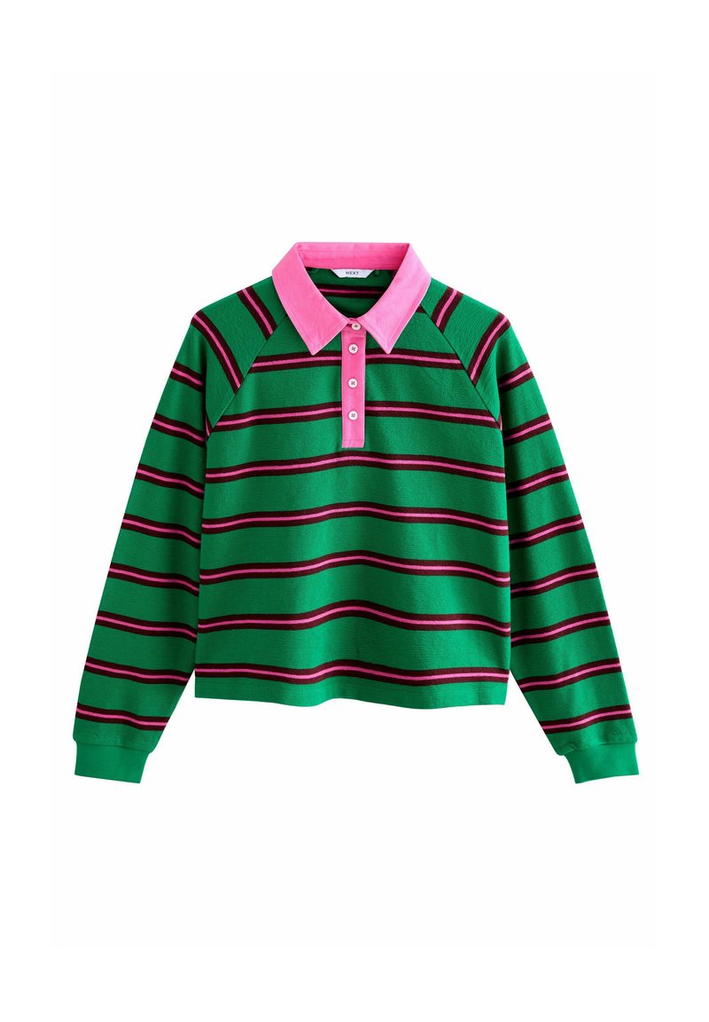 Green long-sleeve polo shirt with a pink collar, featuring horizontal stripes in dark pink. Made from a soft, textured fabric.