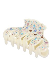 Clip per capelli in plastica di colore crema, con strass multicolore sparsi, design ondulato e otto denti di presa.