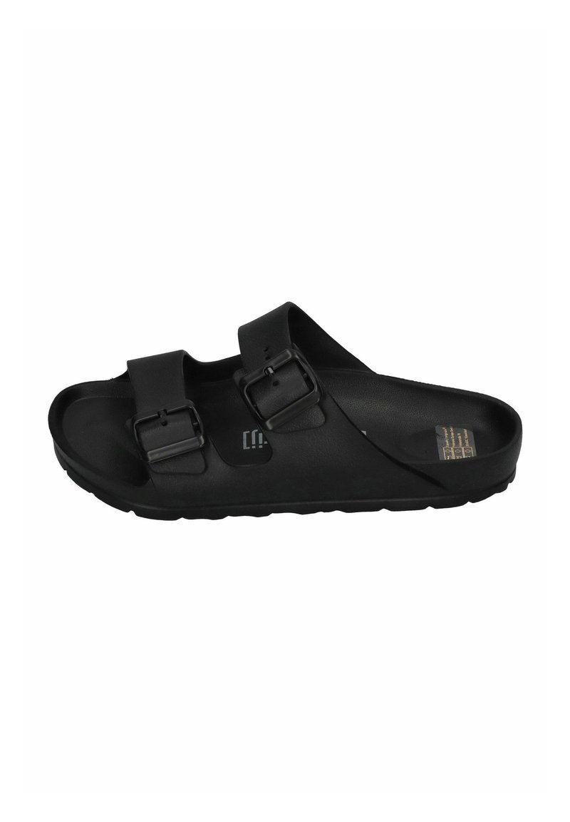 Black slide sandal with two adjustable buckles. Made from synthetic material, featuring a textured footbed and a contoured sole for comfort.