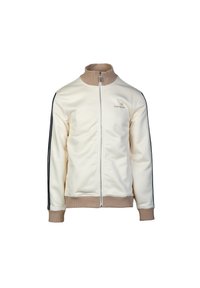Witte zip-up jas met een hoge kraag, beige afwerking en zwarte zijstrepen. Glad textuur, logo op de linkerkant van de borst, ribgebreide boorden en onderrand.