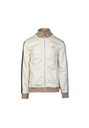 Witte zip-up jas met een hoge kraag, beige afwerking en zwarte zijstrepen. Glad textuur, logo op de linkerkant van de borst, ribgebreide boorden en onderrand.