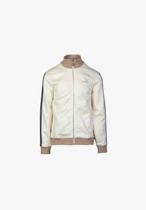 Weißer Zip-Up-Jacke mit hohem Kragen, beigem Besatz und schwarzen Seitenstreifen. Glatte Textur, Logo auf der linken Brust, gerippte Bündchen und Saum.