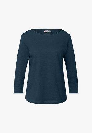 Czarna granatowa koszula z długim rękawem, okrągły dekolt, miękki materiał bawełniany, luźny krój, gładka faktura, z widoczną metką przy szyi.