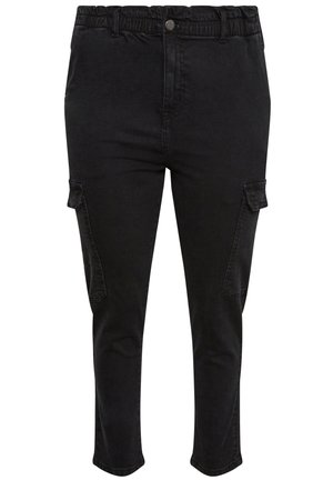 Sorte cargobukser med høj talje, elastisk linning, knap foran og klaplommer på begge lår.