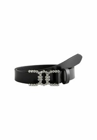 Black leather belt featuring a sparkling rhinestone buckle in a double C shape, smooth texture with a matte finish.