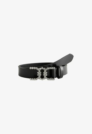 Ceinture en cuir noir avec une boucle en strass étincelante en forme de double C, texture lisse avec une finition mate.