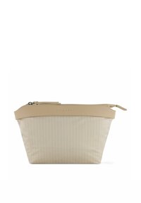 Pochette cosmetica beige con un motivo a spina di pesce testurizzato e parte superiore in finta pelle liscia con chiusura a zip. Forma compatta e triangolare.